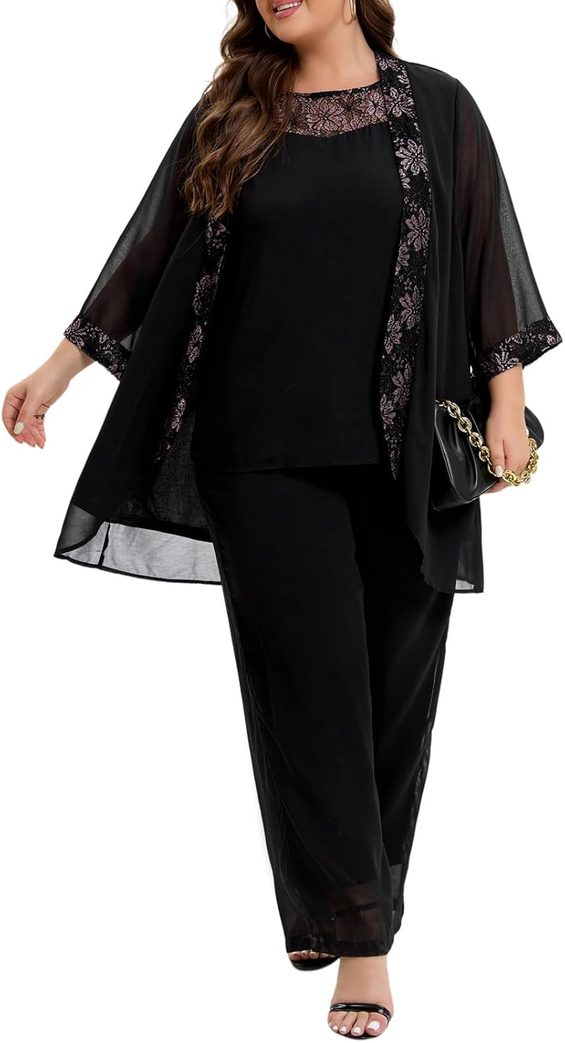 Women's Plus Size Mother of Bride Pant Suits 3 Piece Chiffon Party Sets Lace Splicing Design Evening Gowns - Image 2