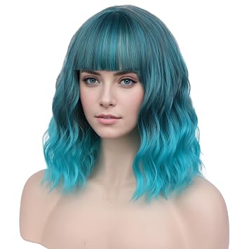 PATTNIUM Mixed Blue Wig for Women Short Wavy Teal Wig with Bangs Blue Bob Wigs Heat Resistant Synthetic Cosplay Costume Wigs