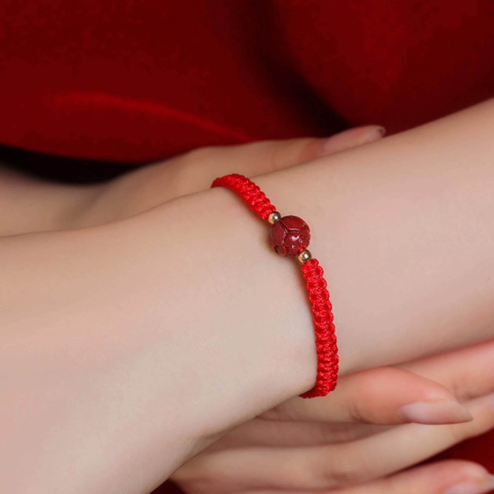 2 Pulseras Feng Shui con Piedra de Cristal de cinabrio, Cuentas de Loto talladas, Pulsera de Hilo Rojo, Pulsera Budista Hecha a Mano, Amuleto Ajustable de Buena Suerte, Mujeres, Hombres, Rojo, una