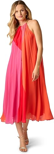 Adrianna Papell Women's Color Block Chiffon Dress, Red Multi