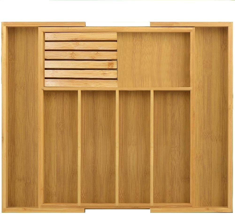 Mantraraj Bamboo Cutlery Tray Organiser  For Drawer 7 Compartment Organiser Extendable Wooden Utensils Holder from B&Q