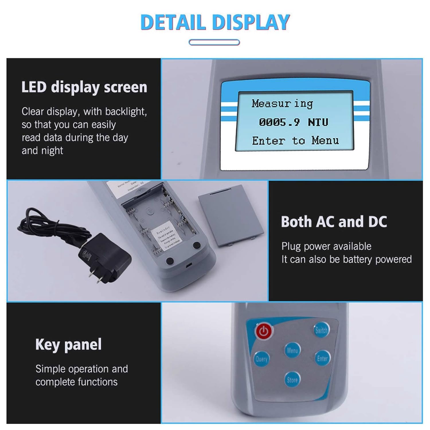 Turbidity Meter, Handheld Digital Turbidity Meter, Accuracy 0.1, LCD with Backlight, Turbidimeter Turbidity Meter Kit for Swimming Pool, Lab, US Plug 100‑240V
