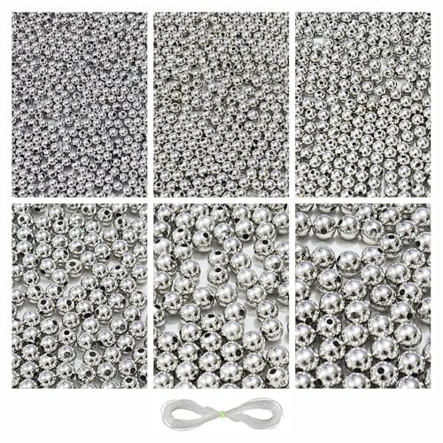 Image of 1800 Pcs Silver Beads - 4, 5, 6, 8, 10, 12 mm - DIY Beads for Bracelets Making Kit, Crafting, Embroidery Crafts, Jewellery Making Kit, Beadwork, Pearls for Craft, Beading - 180g