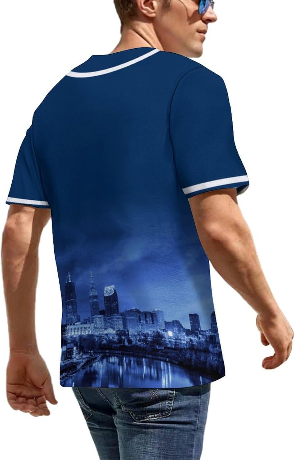 Baseball City Night Skyline Jersey Shirt Printing Apparel for Men Fans Gifts M Blue Red - Image 4