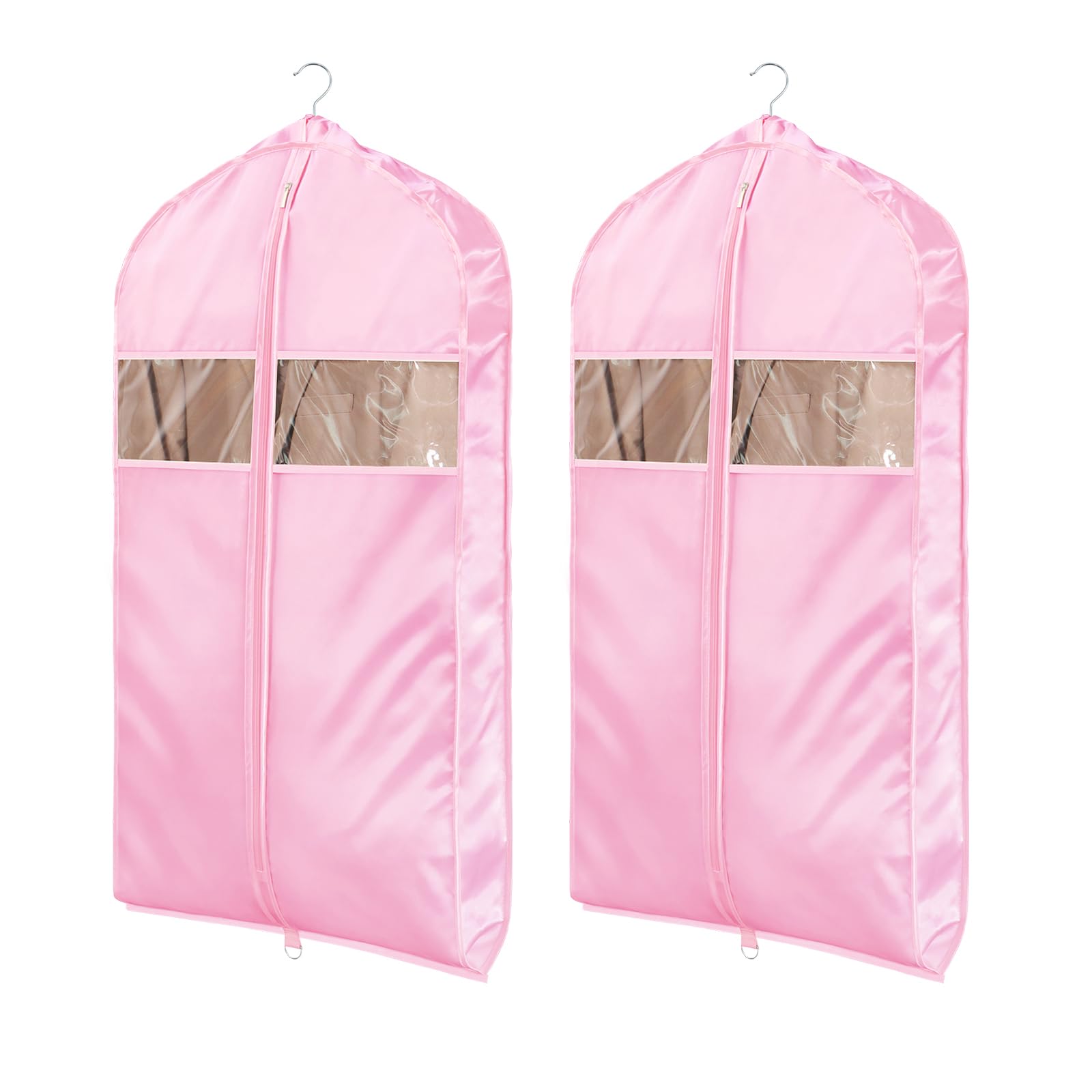 Univivi Super Soft Satin Hanging Garment Bags, 43" Suit Bags with Zipper, Suit Cover Garment Bags with Gussets, Breathable & Non-smell for Dresses, Coats, Jackets, Clothes 2 Pack - Pink