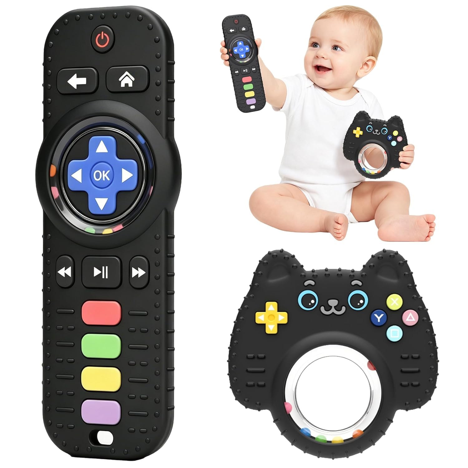 Felly 2 Pack Baby Teething Toys for 3-12 Months, Babies Rattles Teether Sensory Toys, Silicone Remote Control Chew Toy with Rattle Ring, Baby Shower Gifts for Newborn Infant Boys Girls