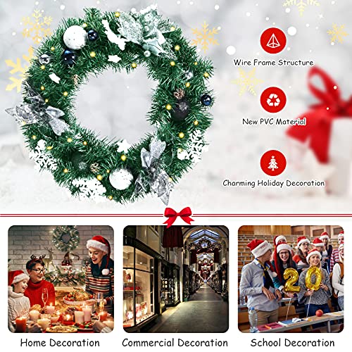 Goplus 20” Pre-Lit Artificial Christmas Wreath With Lights, Battery Powered Pvc Christmas Wreath W/ 30 Led Lights, Balls, Snowflakes & Flowers, Built-In Timer, Xmas Decor For Front Door Mantel #TOP2