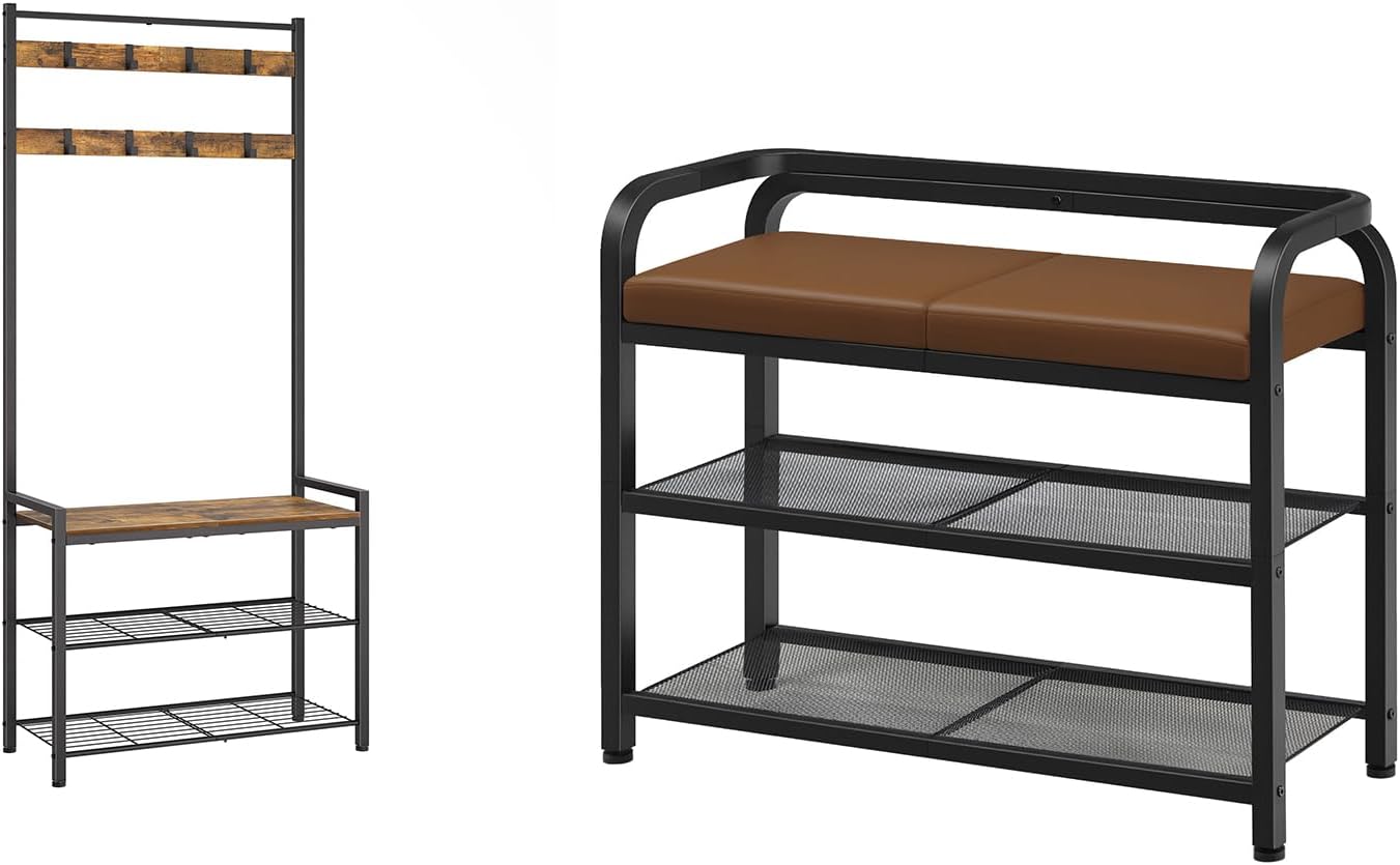 Hall Tree, Coat Rack with Shoe Bench, Shoe Bench with Backrest, MT01BR-HX04BV