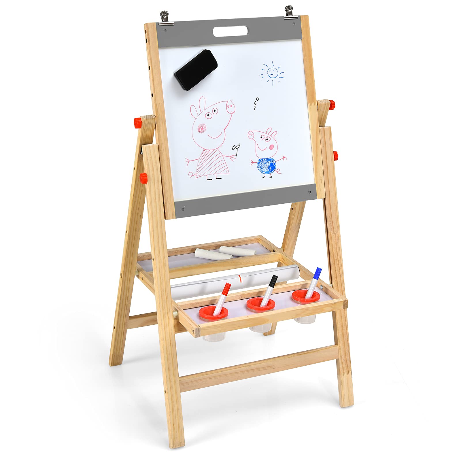 LIFEZEAL Caballete infantil con Pizarra 2 en 1, caballete con doble cara para niños, altura ajustable, tabla de madera plegable, pizarra magnética y pizarra negra con accesorios y estante (gris)