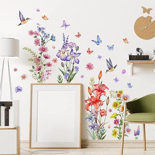 Miniatura 7 de Calcomanías de pared de plantas botánicas de rosas, 2 hojas de flores, mariposas, calcomanías de pared de PVC extraíbles para niñas, dormitorio,