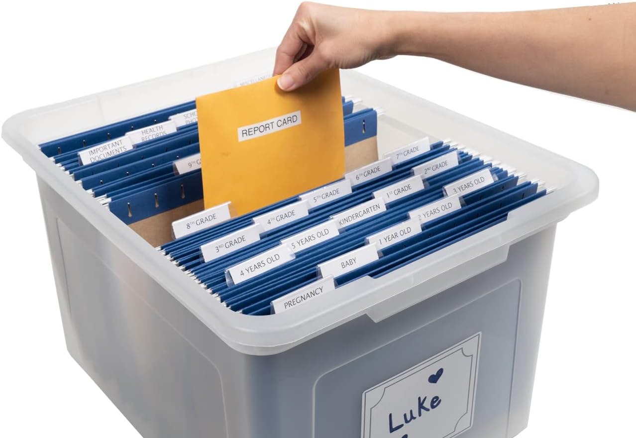 Generic Kid's Craft Memory Keepsake Organizer Box - Clear Storage Latching Bin with Hanging File Folders and Custom Tab Inserts (Navy)