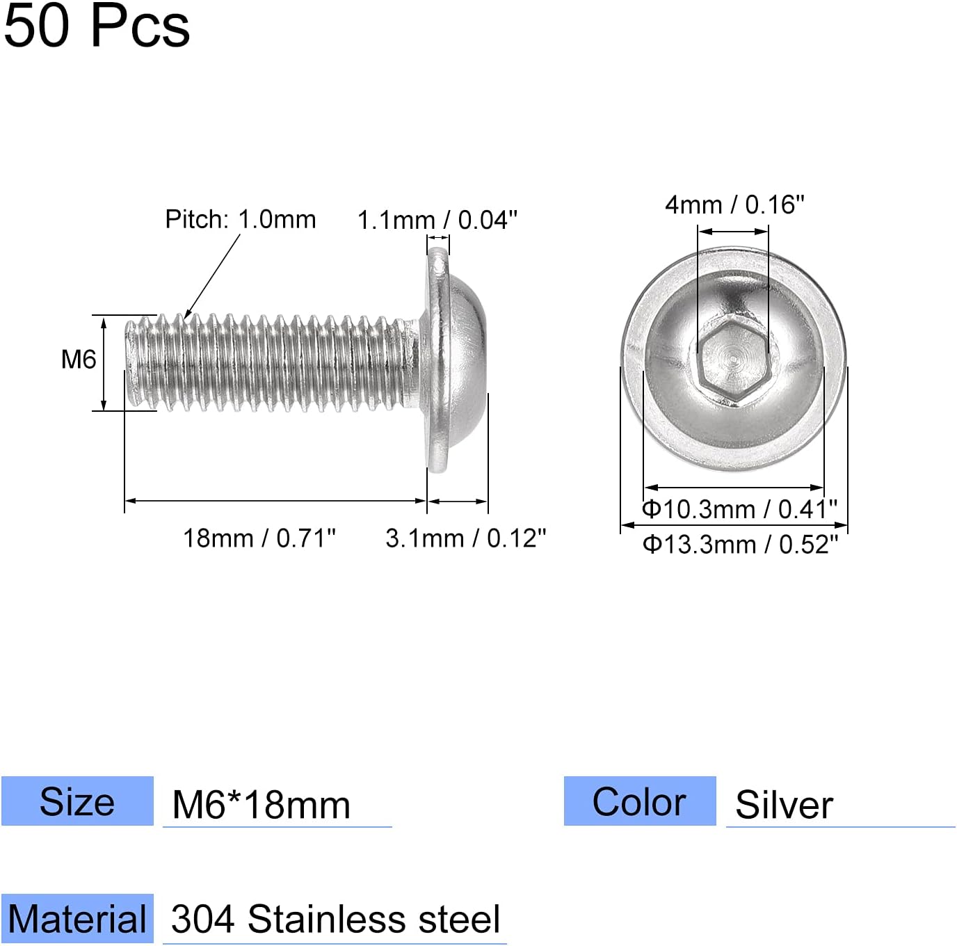 sourcing map Flanged Button Head Socket Cap Screws, M6*18mm Hex Socket Drive Screw, 304 Stainless Steel Fasteners Bolts - Image 3