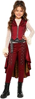 Kids 3 Pieces Set Villain Pirate Princess Hazel Outfits 4-12Y | Skeleton Prints Vest Jacket and Pants, Bell Sleeves Lace Top, with Gloves, Girls Halloween Princess Outfits