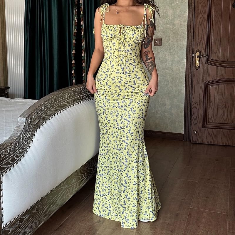 Image of Women Floral Printed Spaghetti Strap Maxi Dress Long Dress Backless Tie Shoulder Mermaid Dress