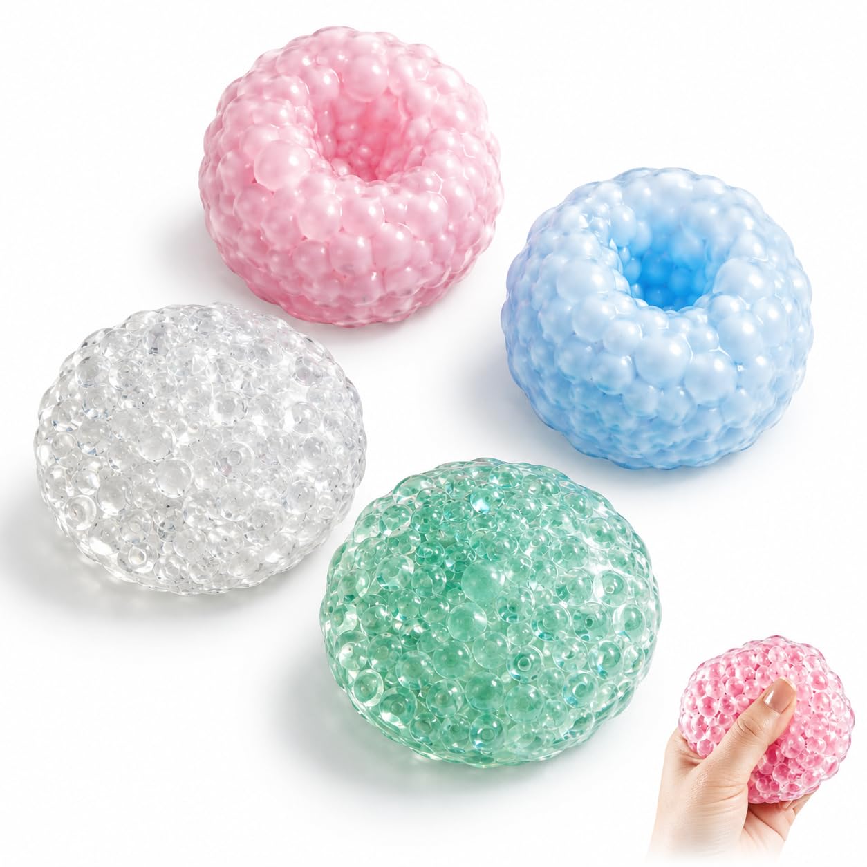4 PCS Crunchy Squishy,Stress Ball Fidget Tools, Sensory Play Relief for emotion Management, Strawberry Pink Sea Salt White Moonlight Green Glass Bead