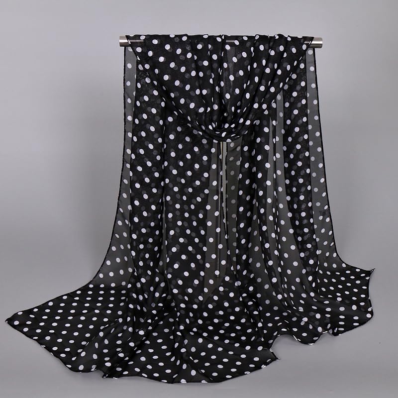 FGSS Women-Fashion-Scarves Polka-Dot-Scarf - Lightweight-Soft-Long-Headband Classic-Chiffon-Wrap-Shawl Black White Sheer2