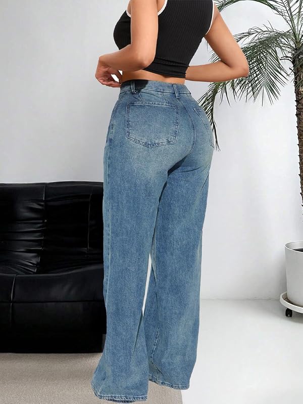 LaiyiVic Wide Leg Jeans for Women Baggy High Waisted Trendy Boyfriend Stretchy Denim Straight Pants with Pockets Sky Blue X-Large by LaiyiVic - Used condition - Image 3