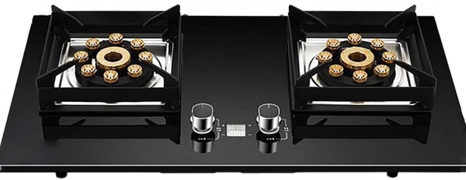2 Burners Gas Cooker, 9.0Kw Tempered Glass Gas Stove, Tabletop and Flush-mounted Fast Ignition High-fire Gas Stove, Bilateral 180min Smart Timed Gas Stove Double Stove, with Cast Iron Support(NG)