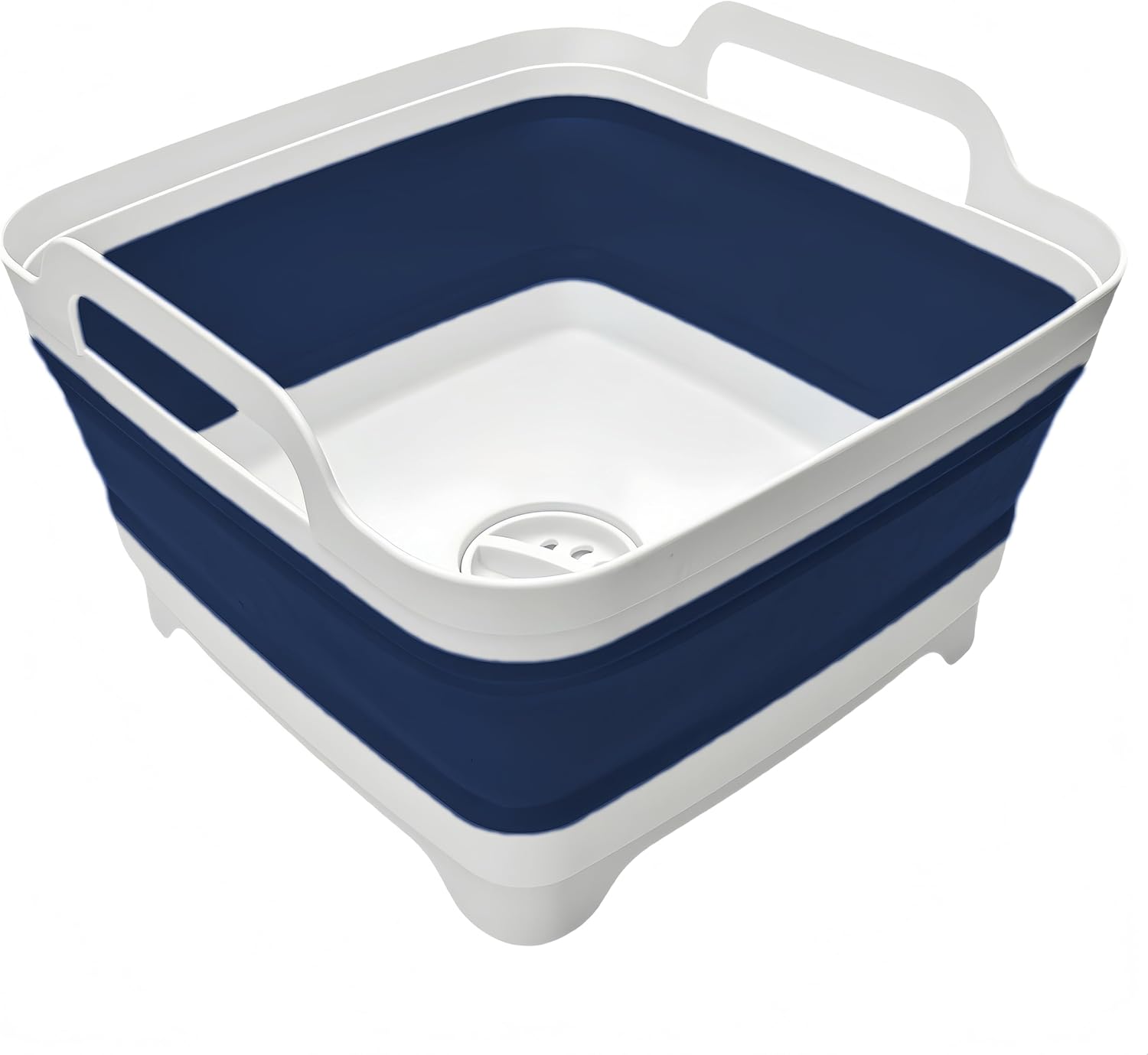 collapsible wash basin 9l, foldable dish tub with drain plug, portable collapsible dish basin, camping sink for washing dishes, laundry & kitchen use (navy blue)