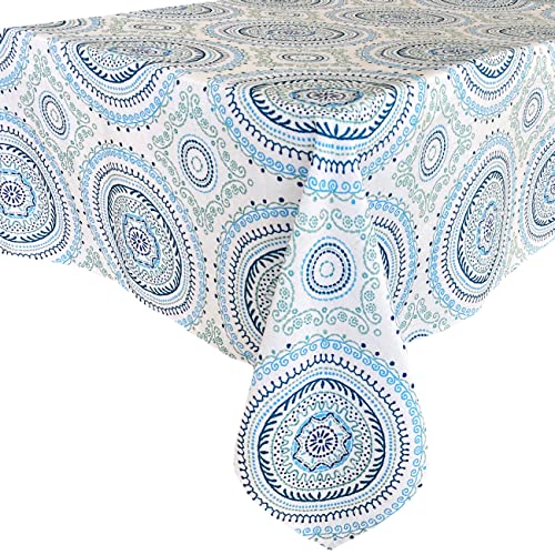 Newbridge Blue Circle Stitch Contemporary Boho Chic Print Indoor/Outdoor Soil Resistant Fabric Tablecloth, 60” X 120” Oblong/Rectangle, Blue #TOP2