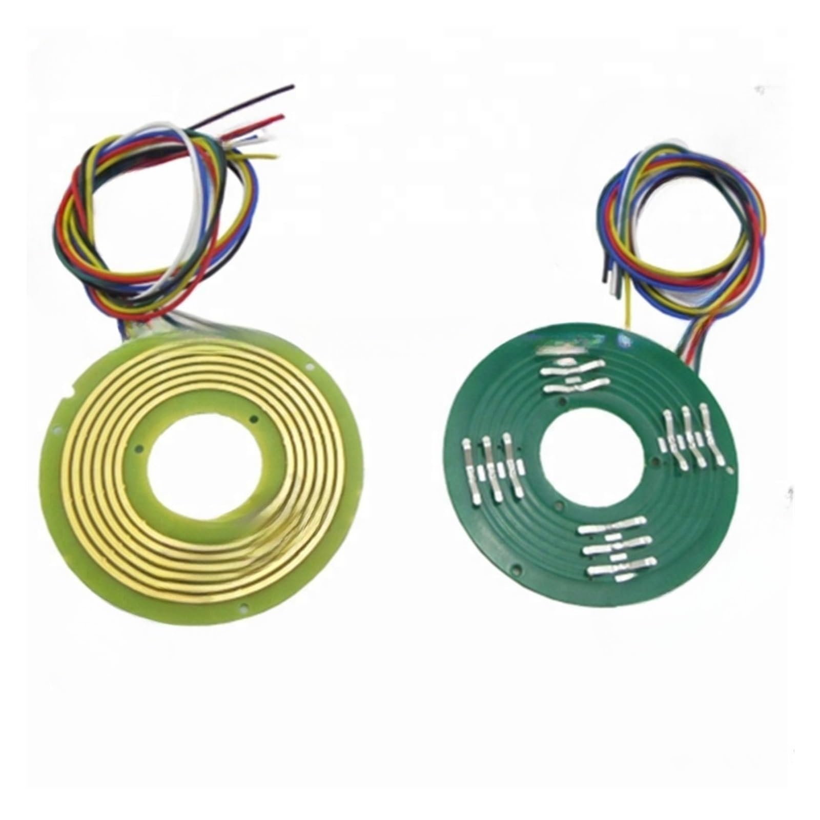 CAARLA Disc Slip Ring, showing both sides of the pancake design with gold-plated concentric rings on one side and connection points on the other, with multi-colored wires attached.