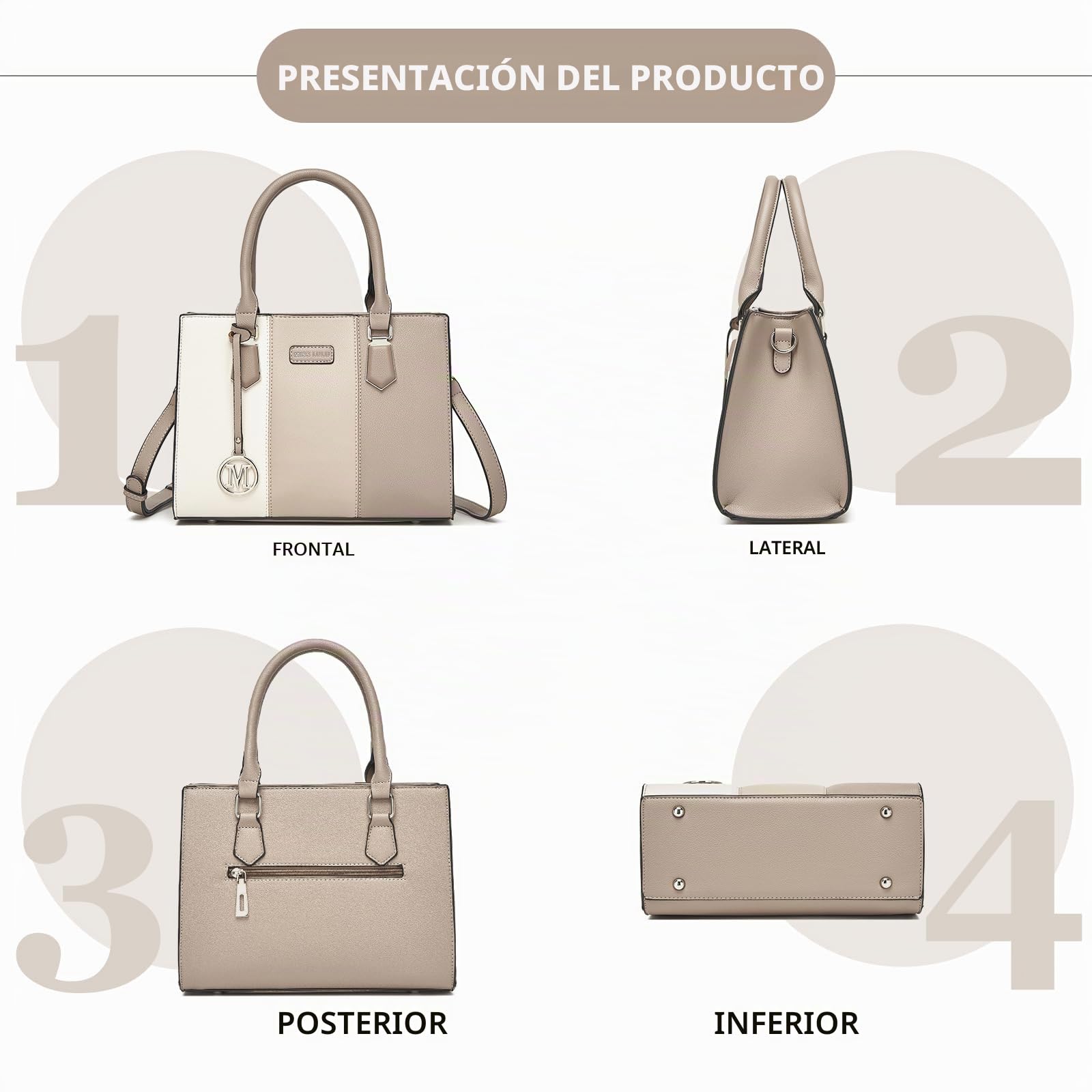 Miss Lulu Bolsos de Mujer,Bolso de Mano Tri-color en Material PU,Ideal para Estudiar Trabajar y Uso Cotidiano