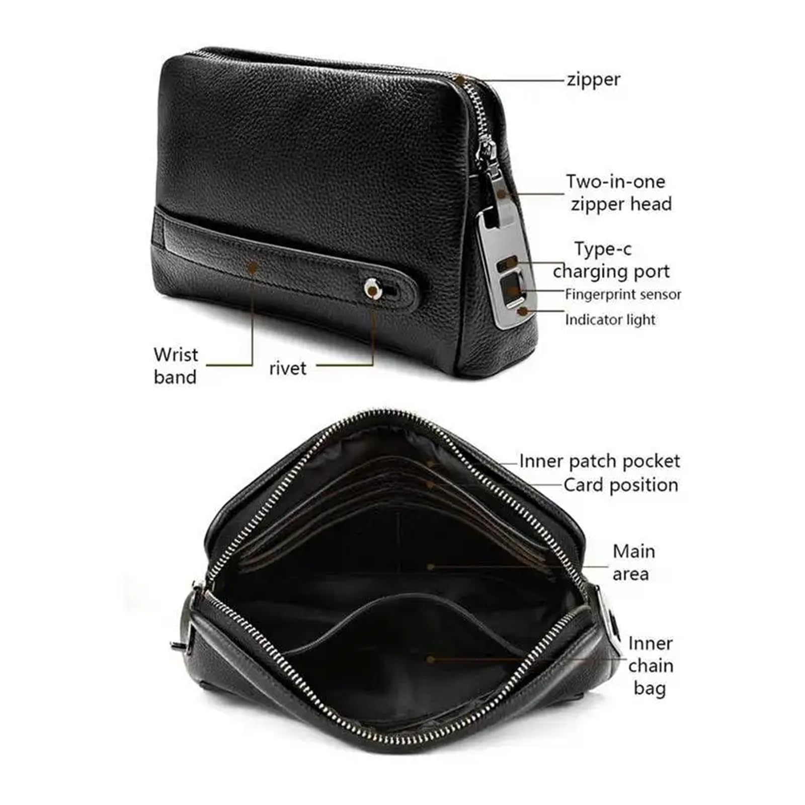 Caja fuerte para llaves al aire libre, Cajas fuertes for huellas dactilares Cartera de cuero con cremallera for hombre Bolso de mano antirrobo con seguridad con huella dactilar,para la escuela de gar