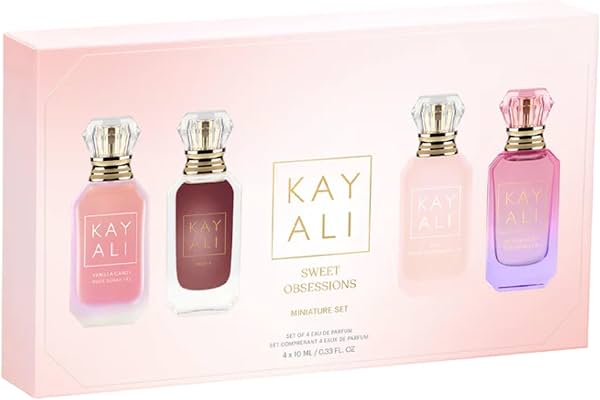 KAYALI Sweet Obsessions Set de Perfumes Miniatura de Regalo – 4 x 10 mL Eau de Parfum – Vanilla Candy Rock Sugar | 42, Vainilla | 28, Yum Boujee Marshmallow | 81, y Fleur Majesty Rose Royale | 31 1.33 Fl Oz (Paquete de 1)