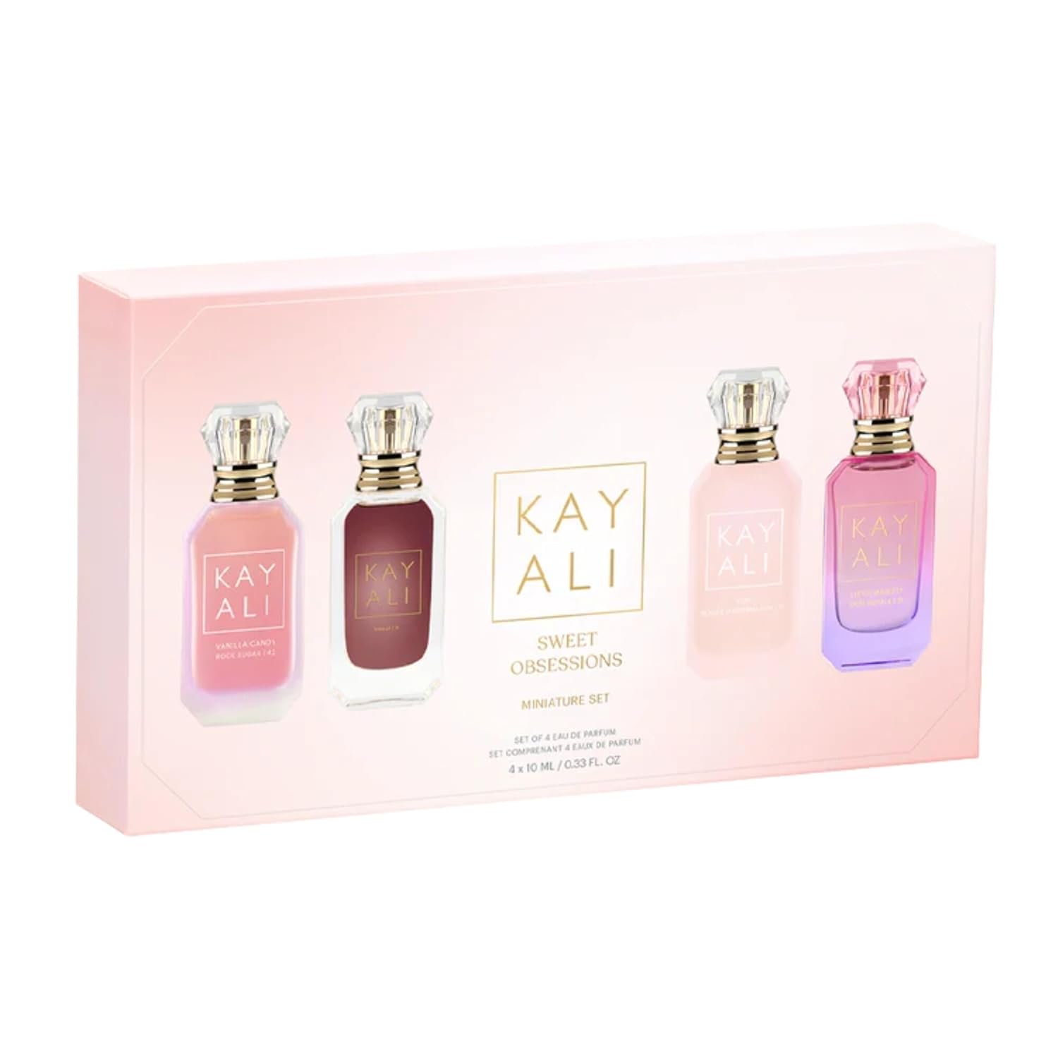 KAYALI Sweet Obsessions Miniature Perfume Gift Set – 4 x 10 mL Eau de Parfum – Vanilla Candy Rock Sugar | 42, Vanilla | 28, Yum Boujee Marshmallow | 81, and Fleur Majesty Rose Royale | 31