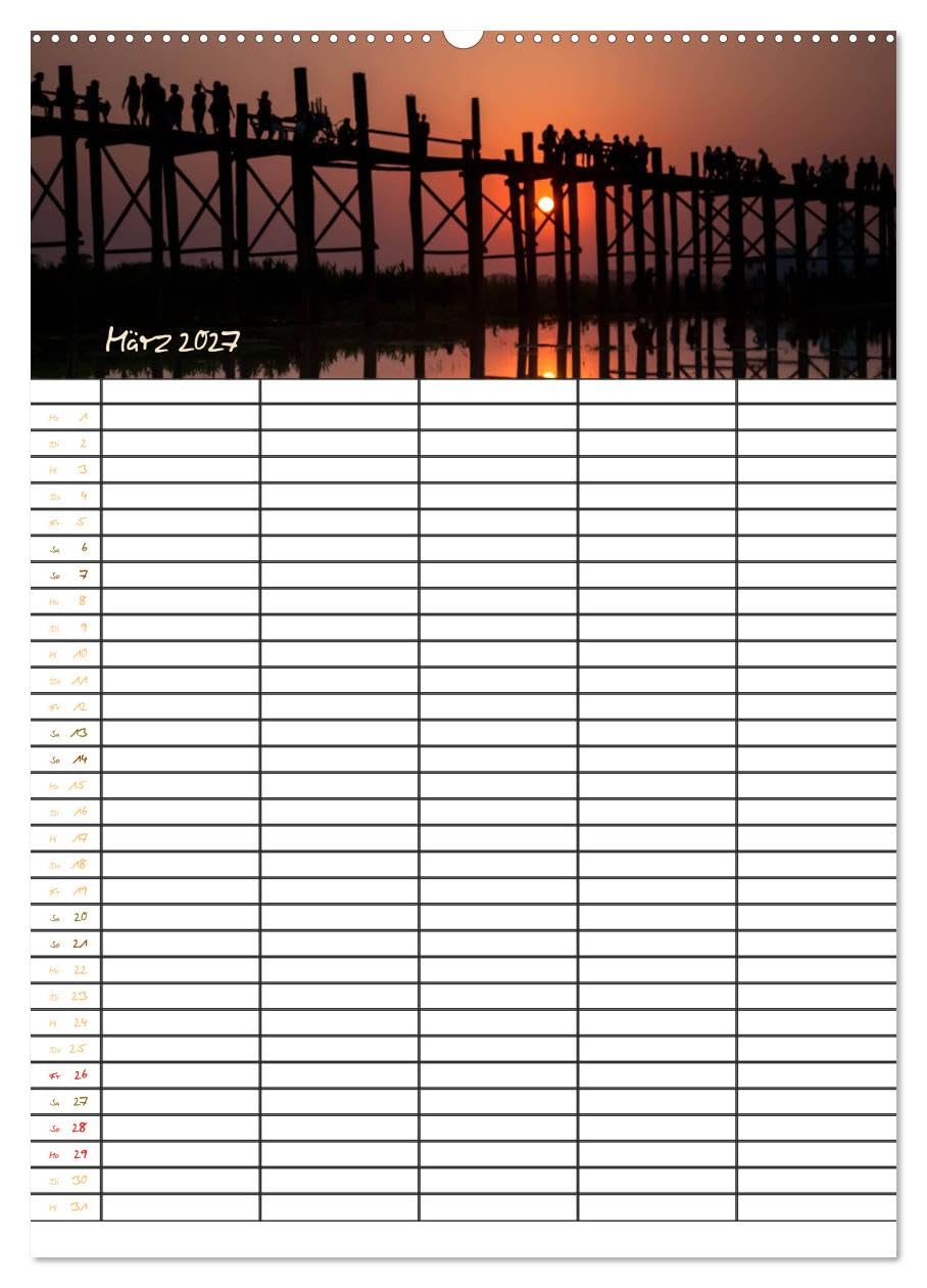 CALVENDO - Goldenes Myanmar - Familienkalender 2027 (Wandkalender 2027 DIN A2 hoch), Monatskalender: Myanmar – das Land der Pagoden, Klöster, Mönche und Buddhas. Dieser Familienplaner bietet Ihnen 5 S