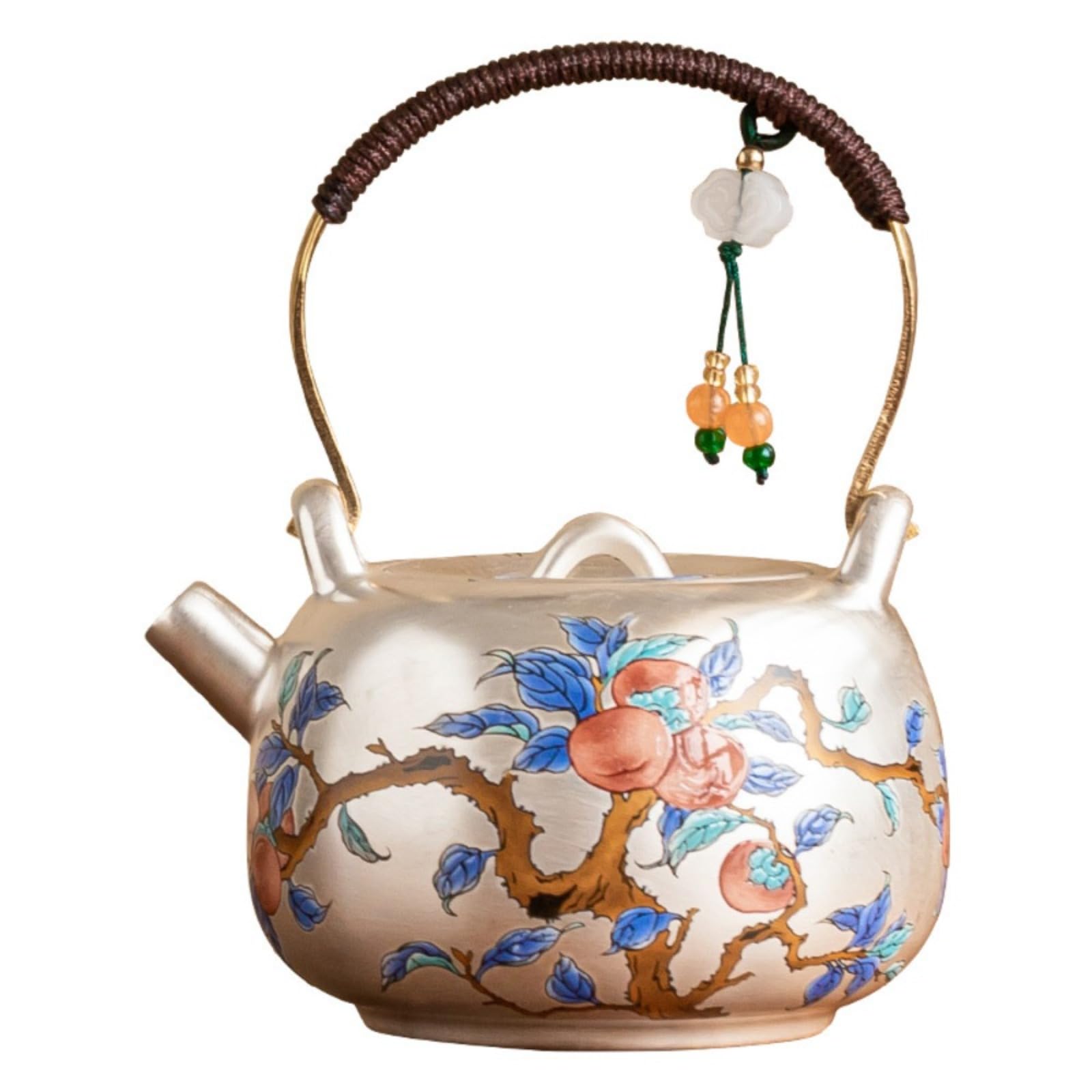 Handmade Ceramic Tea Pot with Tray - Gilded Silver Everything as You Wish Pattern, 179ml Lift Handle Teapot with Gift Box, 10x8.5x12.5cm Porcelain Set for Chinese Wedding/Busines (Persimmon Ruyi)