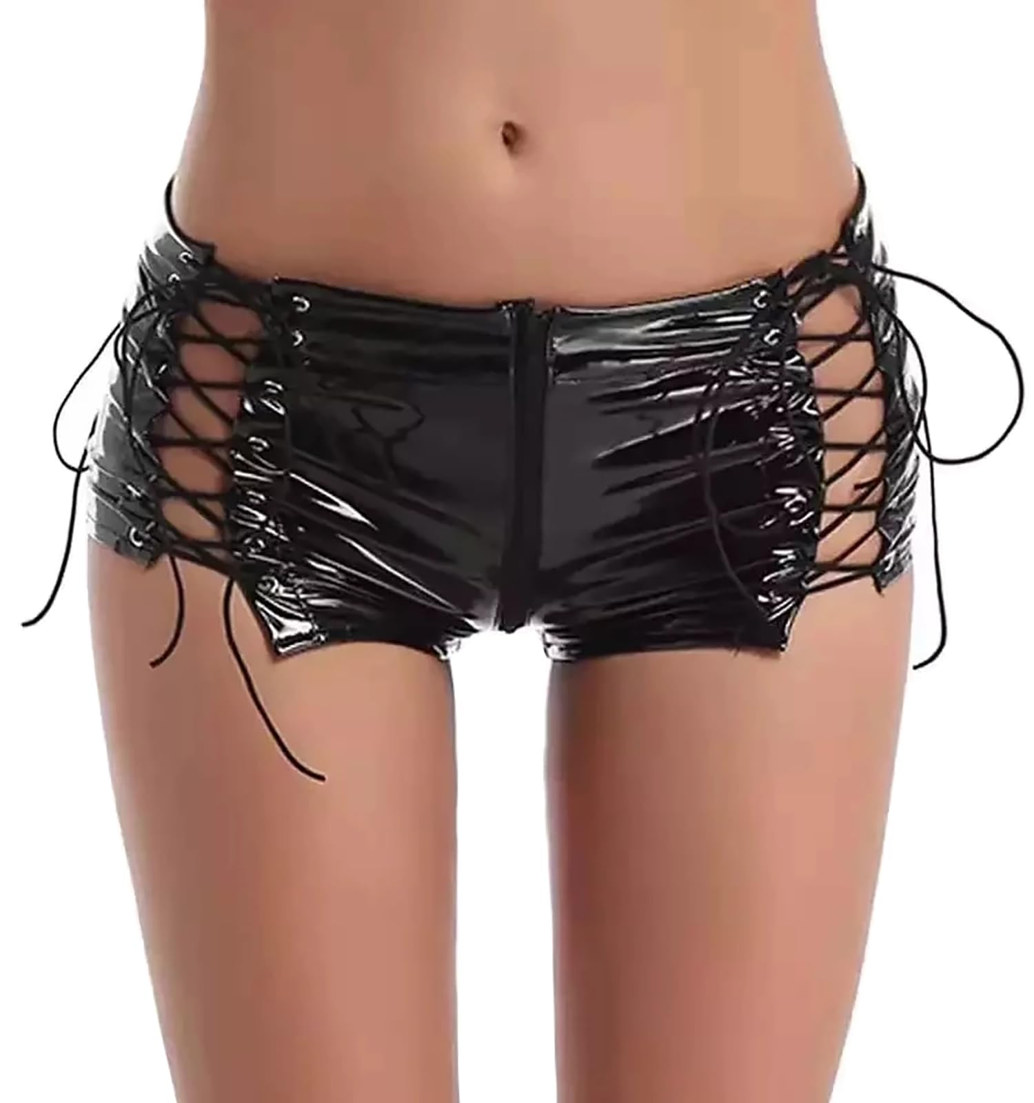 FEOYA Women Mid Rise Side Straps Lace Up Stretch Pu Leather Booty Zipper Crotch Hot Shorts Small