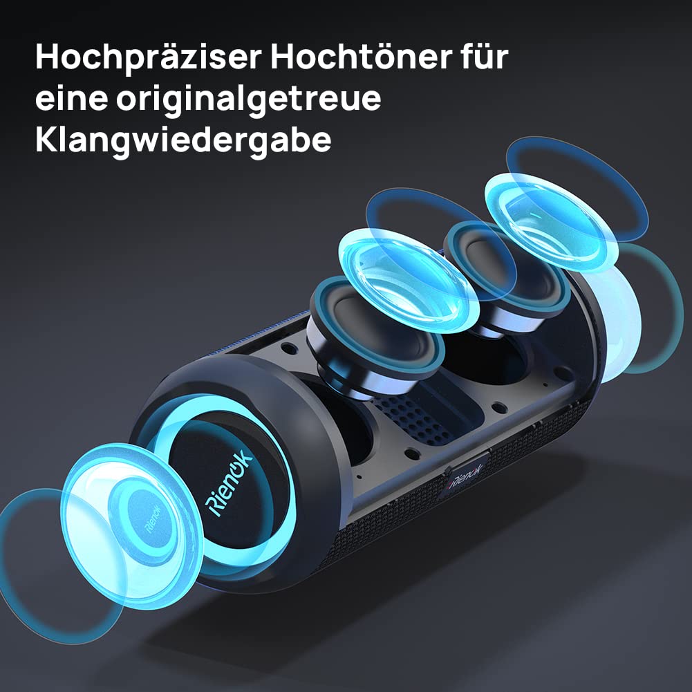 RIENOK Bluetooth Lautsprecher 30W mit Licht Bluetooth 5.3 Musikbox Bass Kabellos Box mit IPX7 wasserdicht Stereo Sound Tragbar