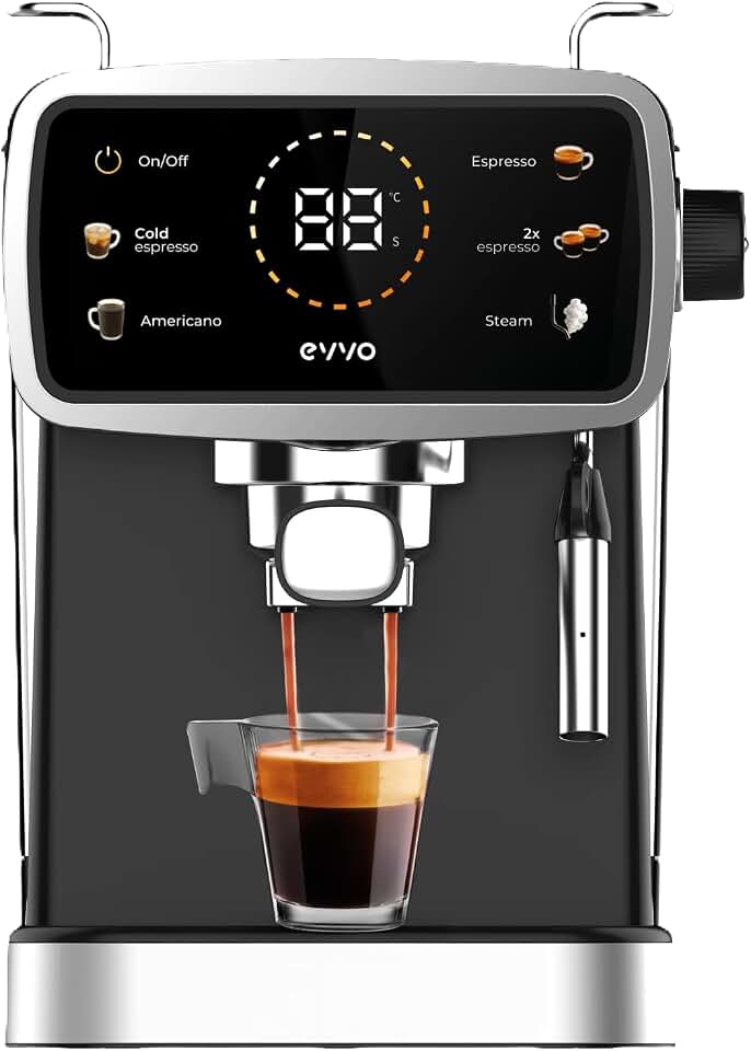 EVVO Cafetera Espresso Intensa 30S - Cafetera Automatica Bomba 20 Bares, 1350W, Inoxidable, Panel Táctil, Depósito 1.5L, Brazo Doble, Vaporizador Metalizado, Thermoblock, Cold Espresso,