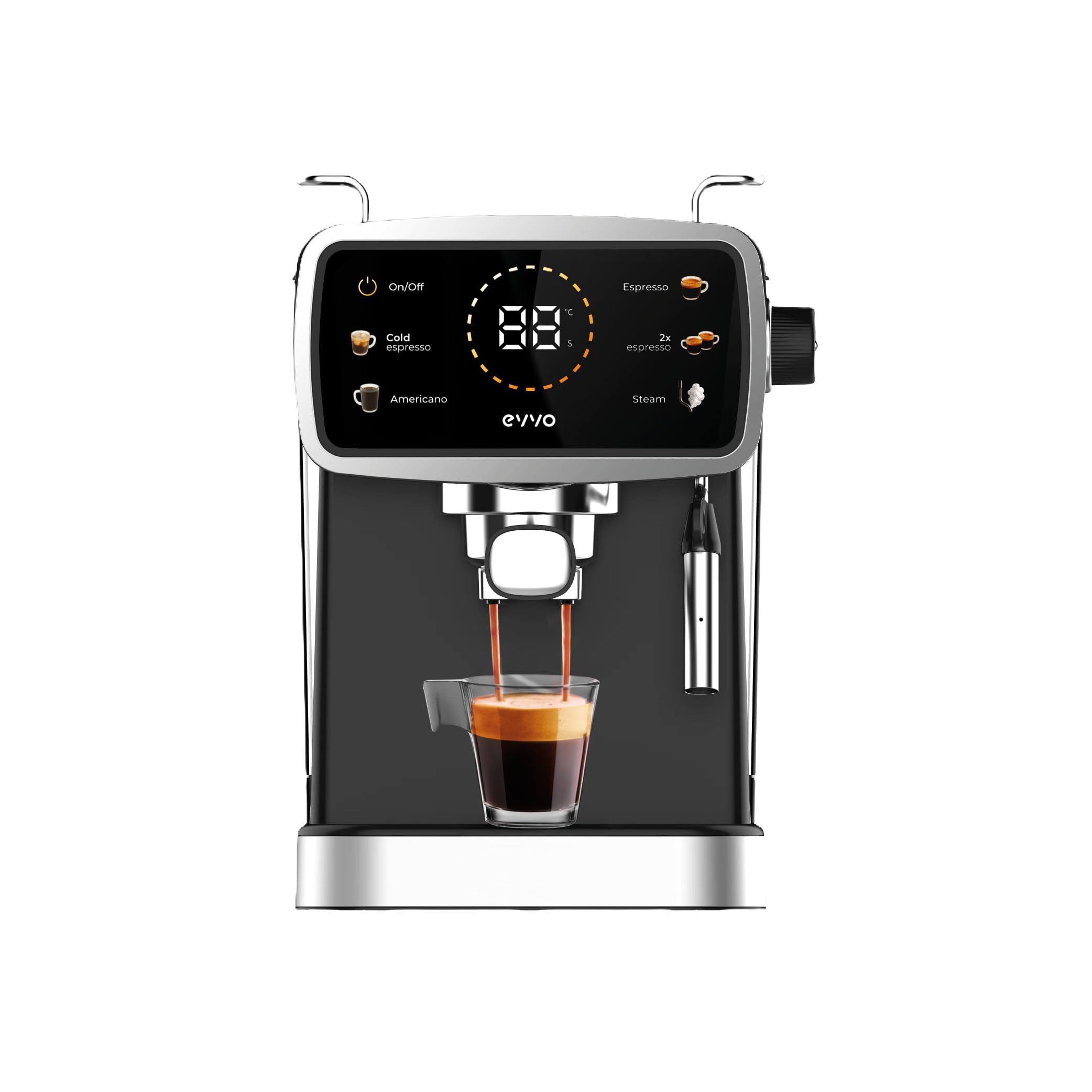 EVVO Cafetera Espresso Intensa 30S - Cafetera Automatica Bomba 20 Bares, 1350W, Inoxidable, Panel Táctil, Depósito 1.5L, Brazo Doble, Vaporizador Metalizado, Thermoblock, Cold Espresso,