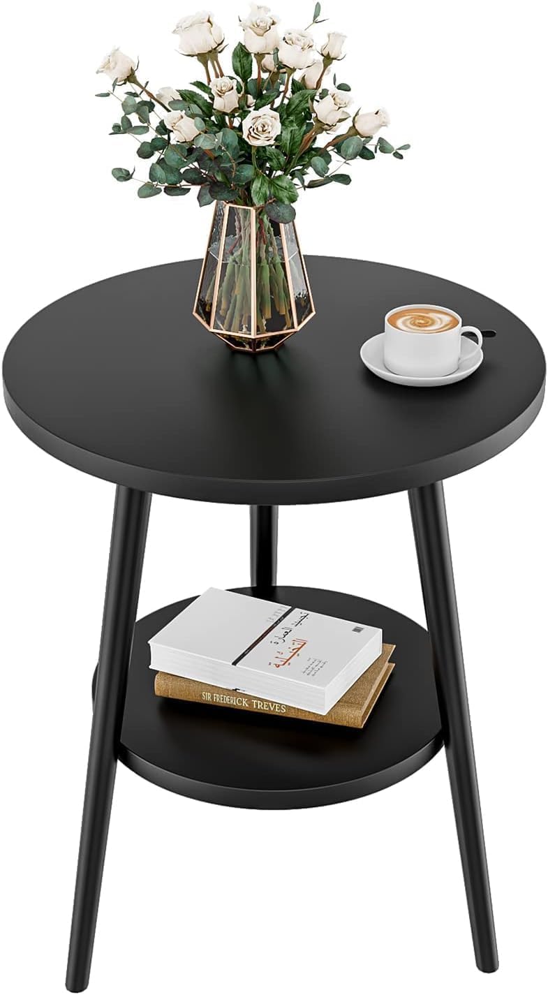 2 Layer Round Coffee Table,End Tables for Living Room,Sofa Bed Side Tables,Sturdy and Easy Assembly,Double-deck Round Wood Look Accent Furniture with Metal Frame (Black)
