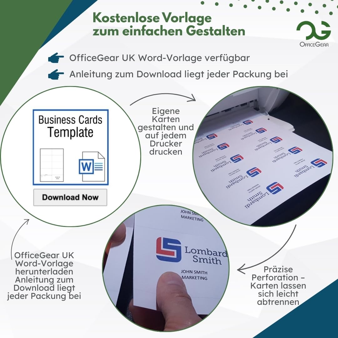 OfficeGear Tarjetas de visita imprimibles de 10 en adelante (55 hojas, paquete de 550) de 59 mm x 105 mm, tarjetas perforadas imprimibles personalizadas de 150 g/m²