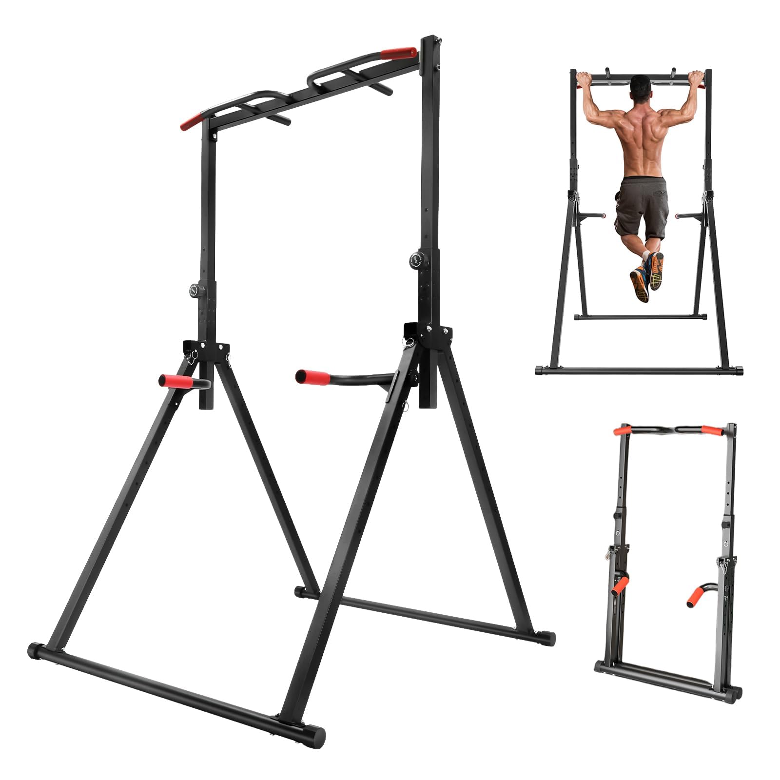 Power Tower Pull Up Bar Dip Station – regulowany, wielofunkcyjny sprzęt do treningu siłowego do domu i na zewnątrz, trójkątna konstrukcja nośna, nośność 200 kg