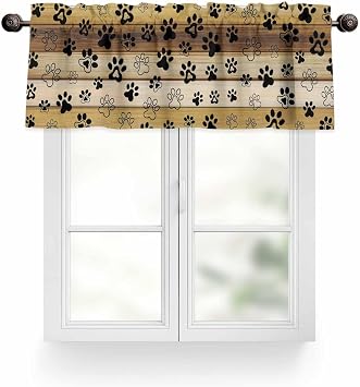 Paw Footprint Curtain Valance for Windows/Living Room/Kitchen/Bathroom/Cafe, Short Rod Pocket Tier Curtain Window Treatment Panel Topper Curtain 60 x 18 Rustic Yellow Country Paw Paint
