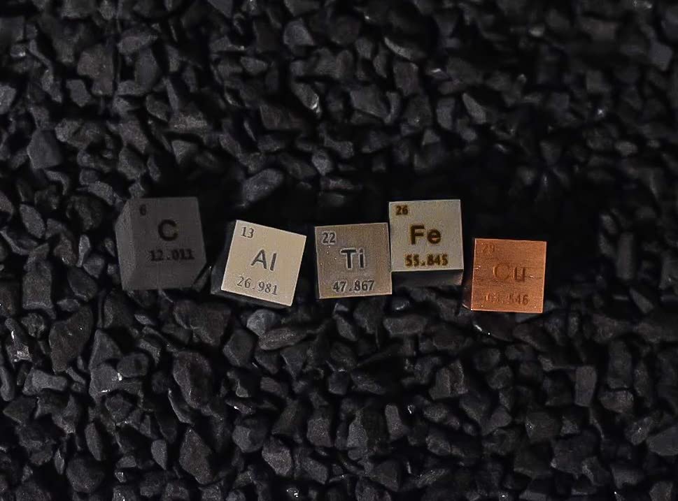 Image of Element 10mm Cube Set 5 PCS - Titanium Copper Aluminum Iron Carbon - with Display (95.0-99.95 Purity Ti Cu Al Fe C)