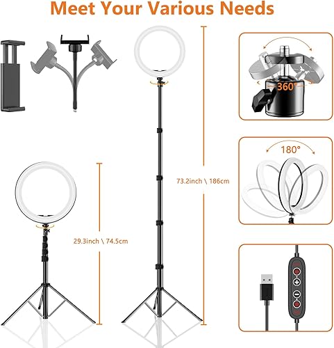 Miniatura 5 de Anillo de luz para selfie de 12 pulgadas con soporte para trípode extensible de 73 pulgadas: luces de escritorio para selfie PEYOU, luces de anillo