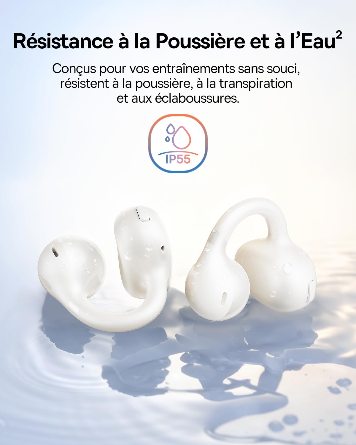 Baseus BC1 Casque Open Ear Clip d'oreille avec Son Impressionnant, Amplification des Basses adaptative, Bluetooth 6.0, réduction du Bruit Lors des appels, IP55, Batterie 38H, bourgeons légers - Blanc