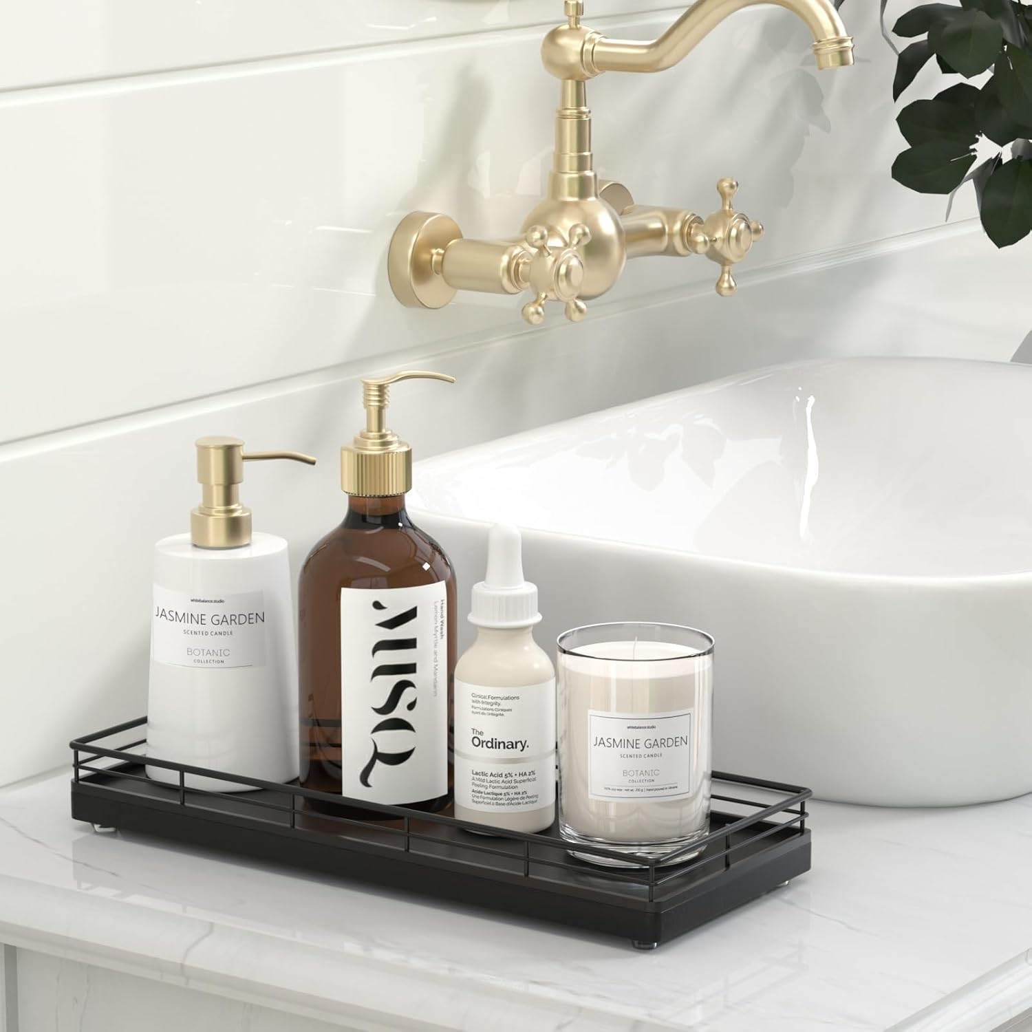 11" Black+Gold Oak Bathroom Tray for Counter, Wooden Vanity Tray for Perfume Jewelry Makeup Candle, Kitchen Sink Countertop Organizer for Soap Dispenser Sponge Holder Toilet Tank ray