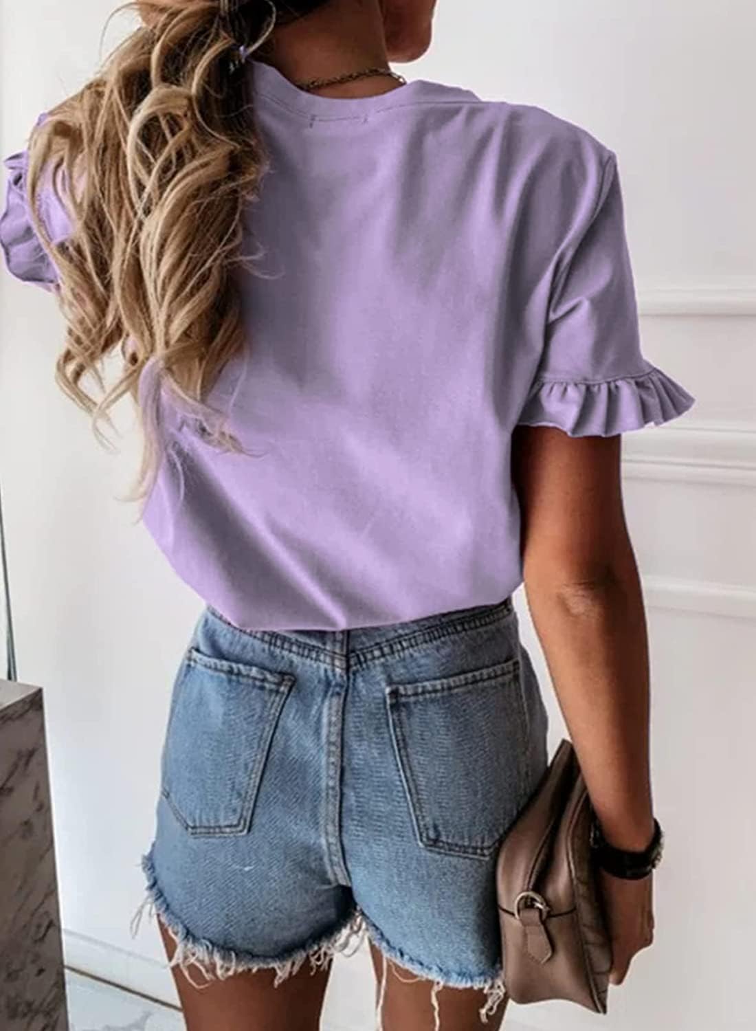 Vircreate Womens Summer Ruffle Plain V Neck T Shirts Short Sleeve Loose Fit Tee Casual Blouse Tunic Tops - Image 2