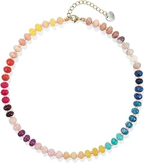 Colorful Gemstone Beaded Necklaces For Women Trendy Rainbow Natural Stone Boho Handmade Stainless Steel Waterproof Strand Necklaces Jewelry For Women Gift