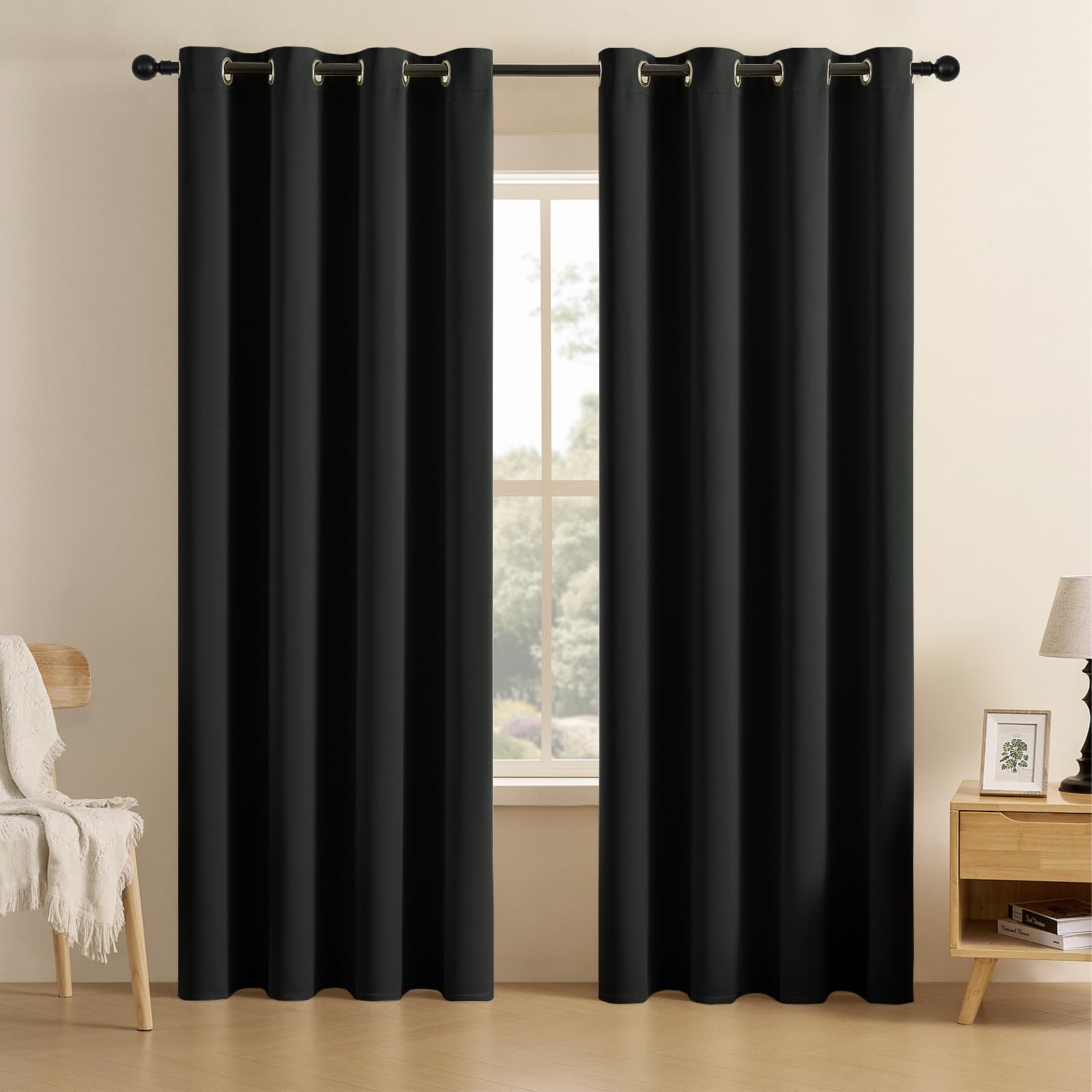 CUCRAF Black Blackout Curtains 84 inch Length 2 Panels Set, Room Darkening Drapes for Living Room Bedroom, Thermal Insulated Light Blocking Grommet Window Curtain (W52 x L84 Inch)