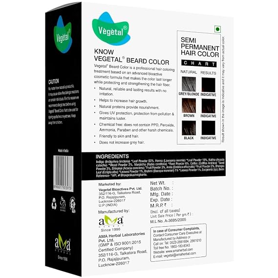 Vegetal Safe Color - Soft Black 25gm - Certified Organic Chemical and Allergy Free Bio Natural Beard Hair Color with No Ammonia Formula for Men