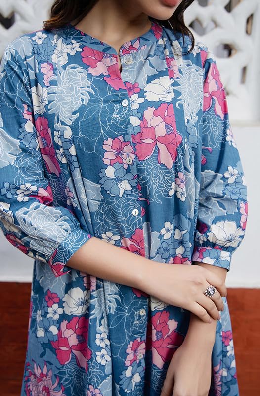 Image of Janasya Women's Light Blue Linen Cotton Solid A-line Top