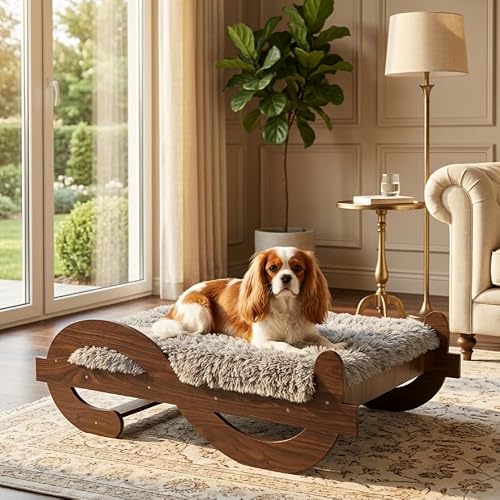 Walnut-Grain Elevated Dog Bed Frame with Plush Mattress