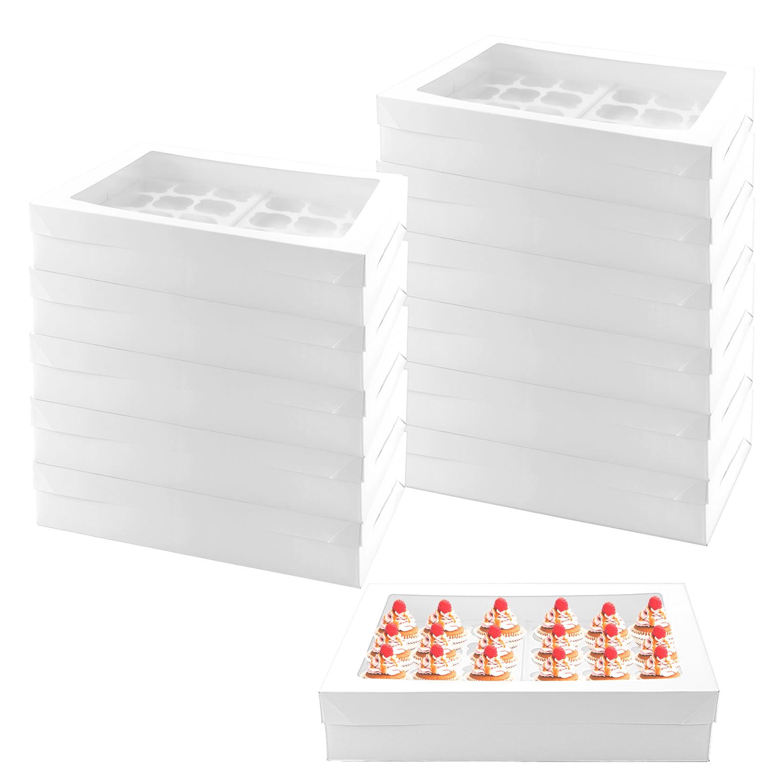 JEUIHAU 12 Pcs 24 Hole Cupcake Box with Window, White Cup Cake Boxes for Cakes, Cupcakes, Muffins, and Pastries, 43 x 31 cm